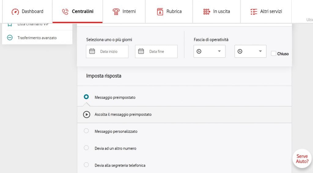 impostare la chiusura festività su centralino Vodafone