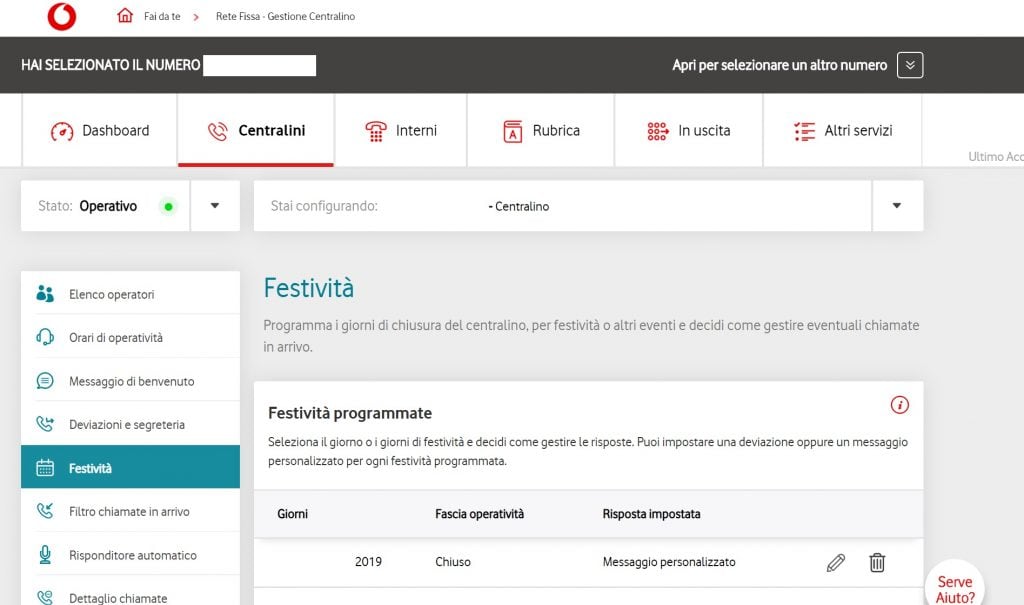 impostare la chiusura festività su centralino Vodafone