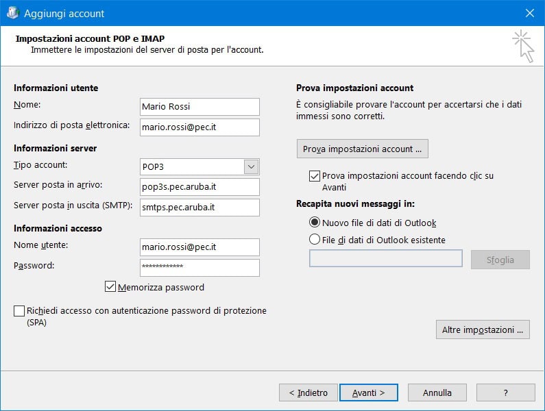 parametri pec aruba. configurazione pec aruba parametri pop imap su outlook