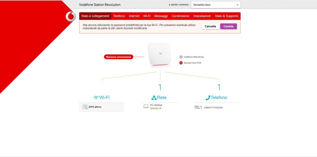 Schermata iniziale Cambiare password WIFI Vodafone