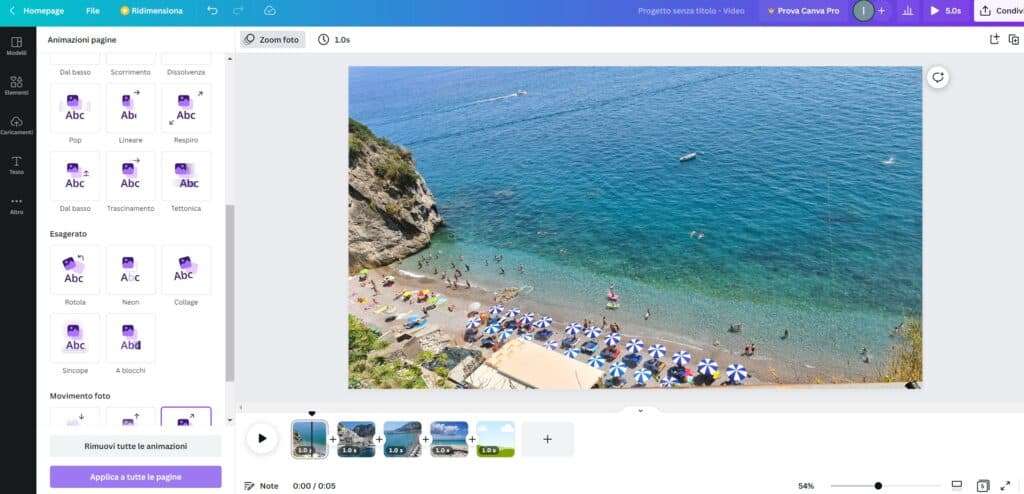 Come creare video con foto e musica gratis online Canva applica animazione a tutte le pagine