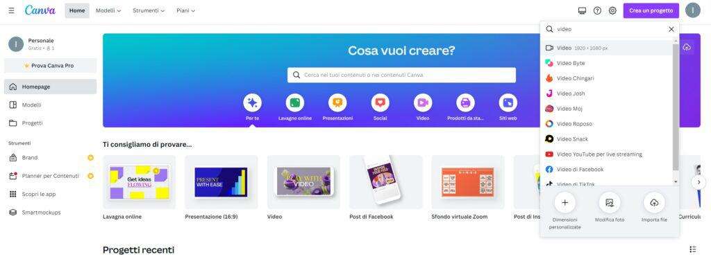 Come creare video con foto e musica gratis online Canva crea progetto