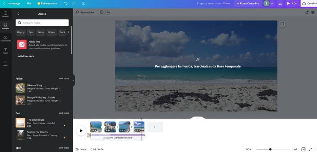 Come creare video con foto e musica gratis online Canva trascina audio