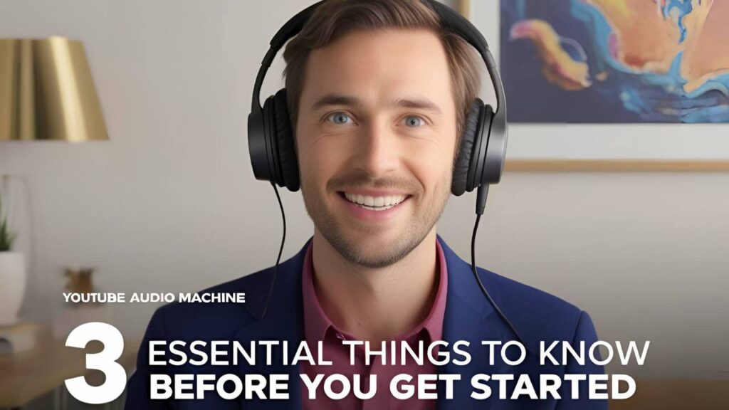Traduzione Automatica su YouTube: Errori da Evitare, Risultati Vincenti 1 Uomo sorridente con cuffie nere, testo "3 ESSENTIAL THINGS TO KNOW BEFORE YOU GET STARTED" (3 cose fondamentali da sapere prima di iniziare).